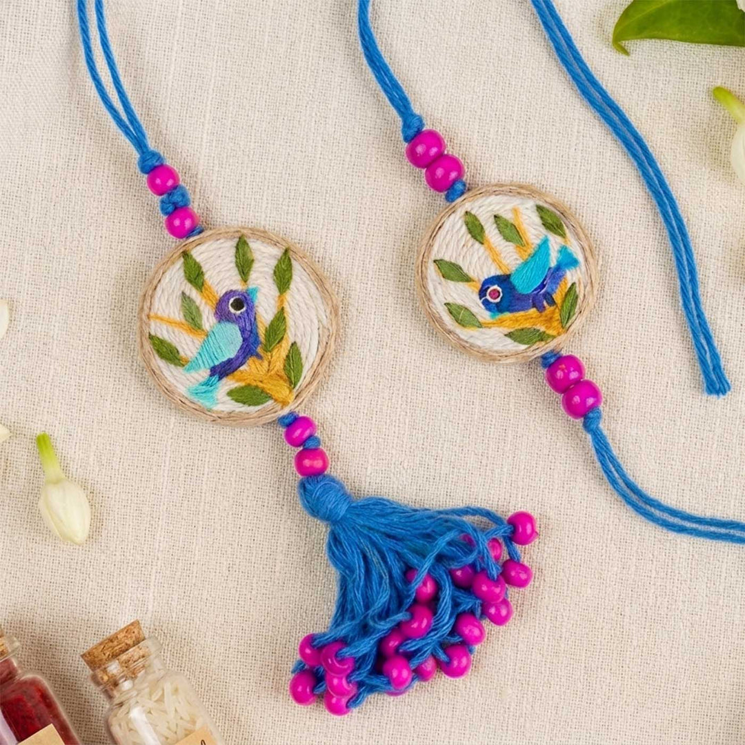 Handmade Pressed Flower Art Bluebird Jute Bhaiya Bhabhi Rakhi With Roli Chawal | Set of 2