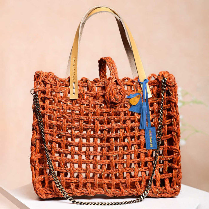 Handmade Grass Woven Boxed Metal Chain Strap Orange Sabai Mesh Sling Bag