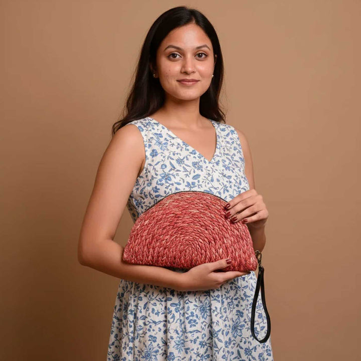Handmade Grass Woven Red Boho Sanai Clutch