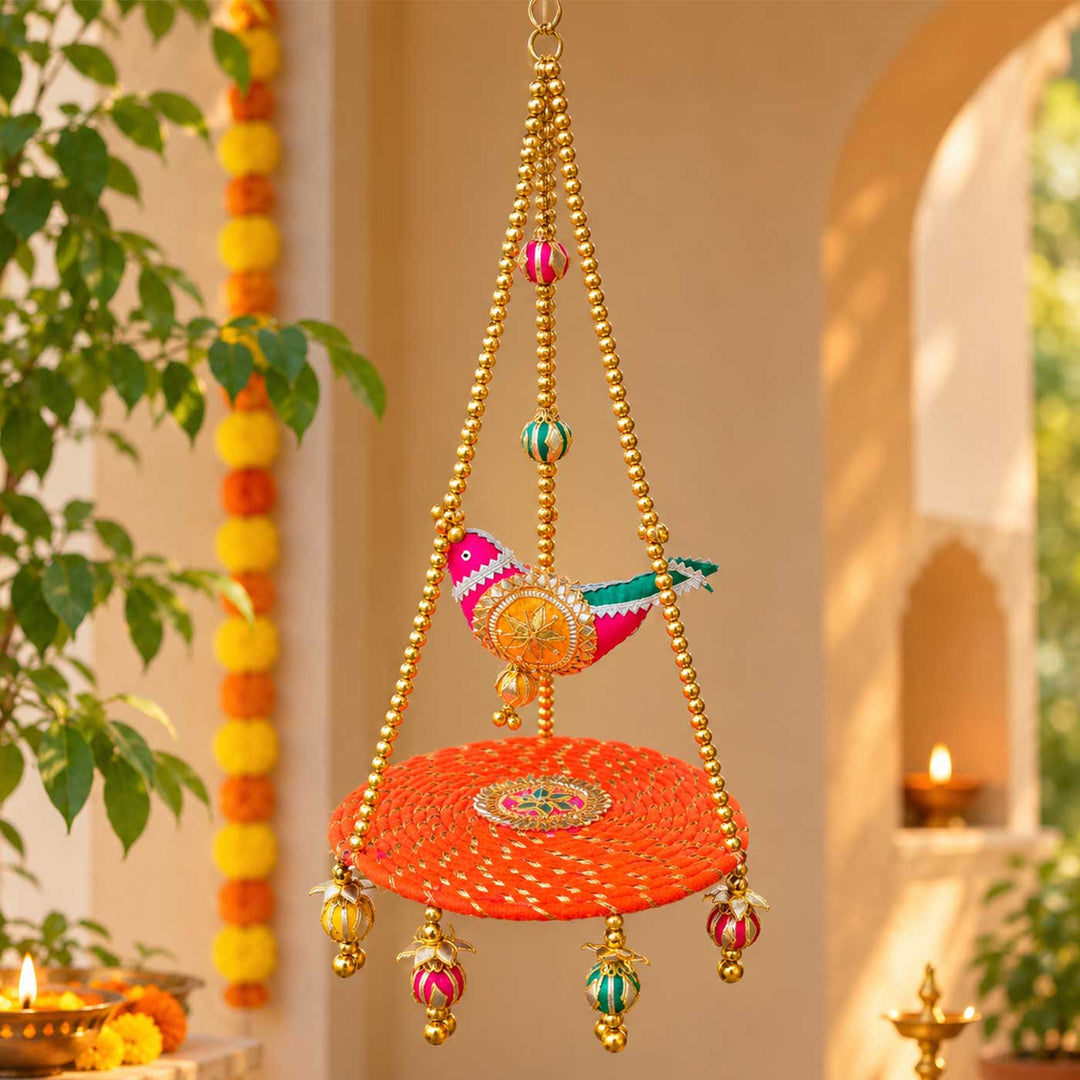 Handcrafted Chidiya Swing Gota Patti Bird Swing Wall Hanging with Beads & Pearls