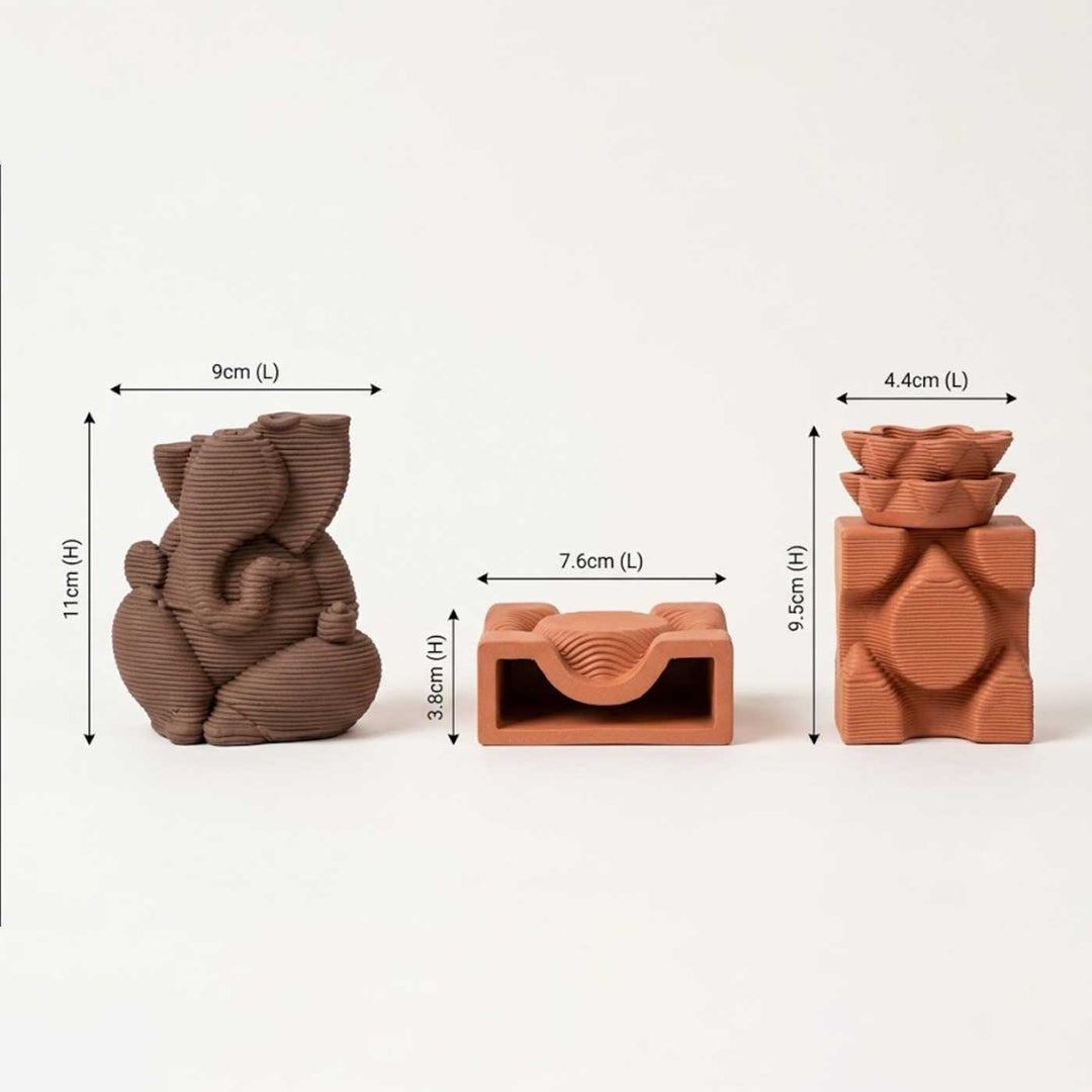 Handmade 3D Printed Small Ganpati Combo Stoneware Sculpture With Diyas & Base