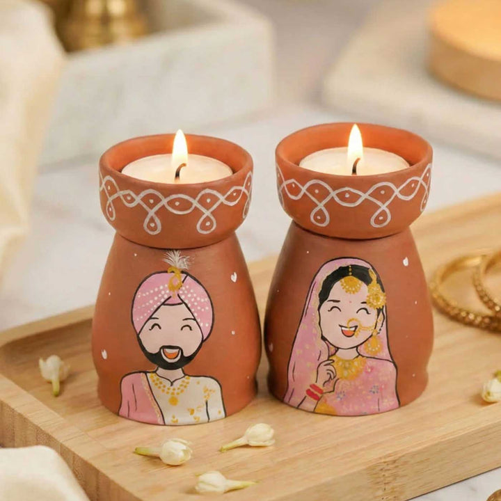 2 Pc | Punjabi Couple Personalized Handpainted Terracotta Tealight Holder