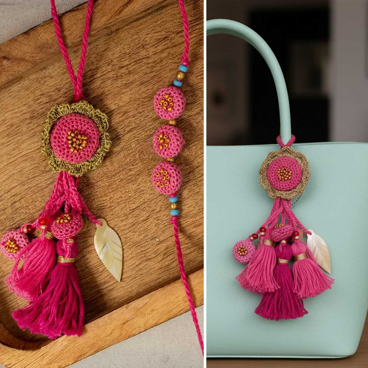 Handmade Crochet Gulabi Jhalar Bhaiya Bhabhi Rakhi With Roli Chawal | Set Of 2