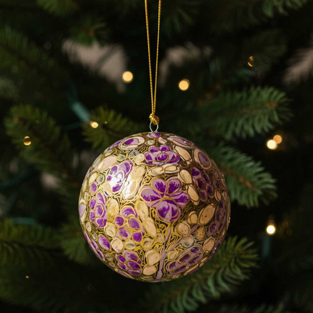 Purple Handmade Kashmiri Paper Mache Christmas Ball Ornament For Tree Decor