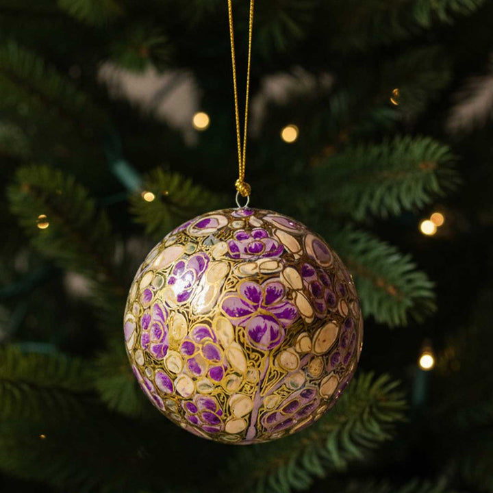 Purple Handmade Kashmiri Paper Mache Christmas Ball Ornament For Tree Decor