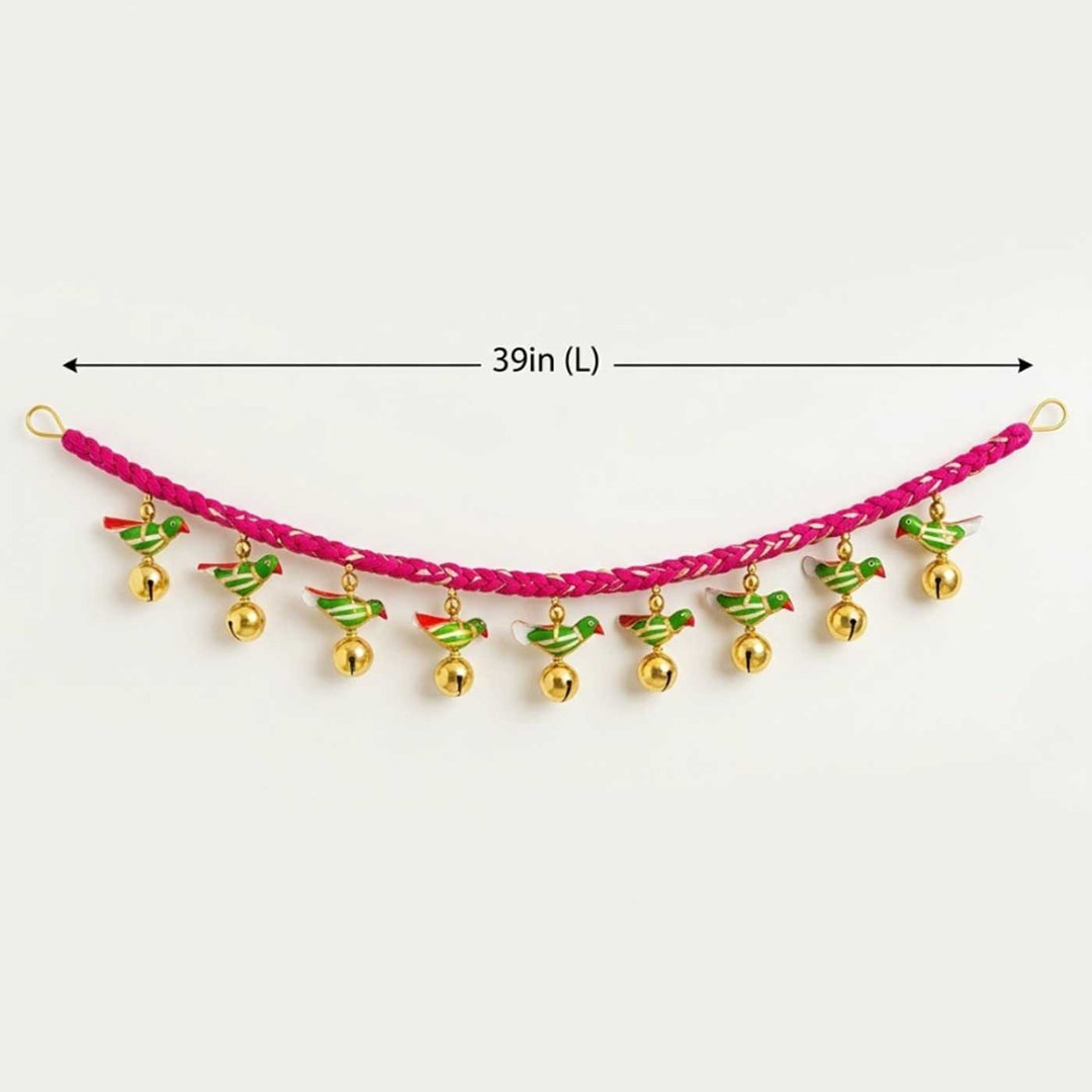 Handmade Pink Mauli Thread & Wool Toran With Ghungroo & Parrot For Festive Decor
