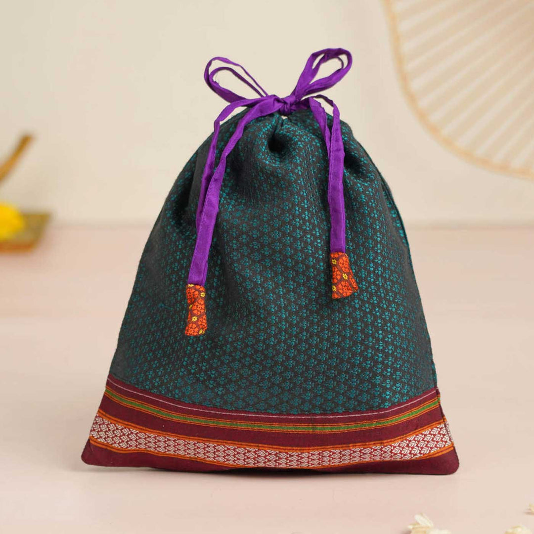 Handmade Fuchsia Blue Khunn Fabric Cotton Thamboolam Potli with Maroon Border