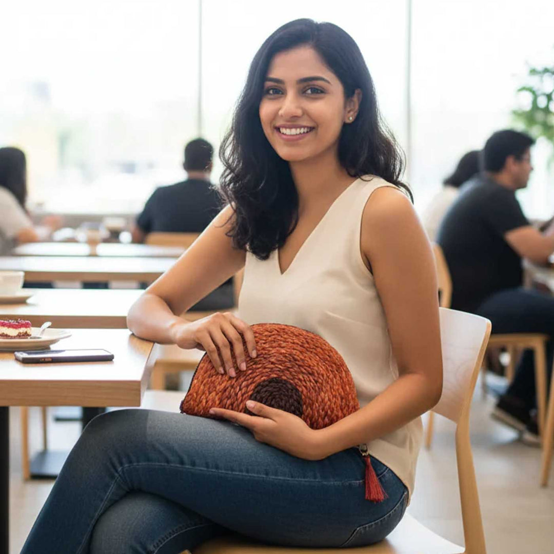 Handmade Grass Woven Rustic Earth Tones Sanai Orange Clutch
