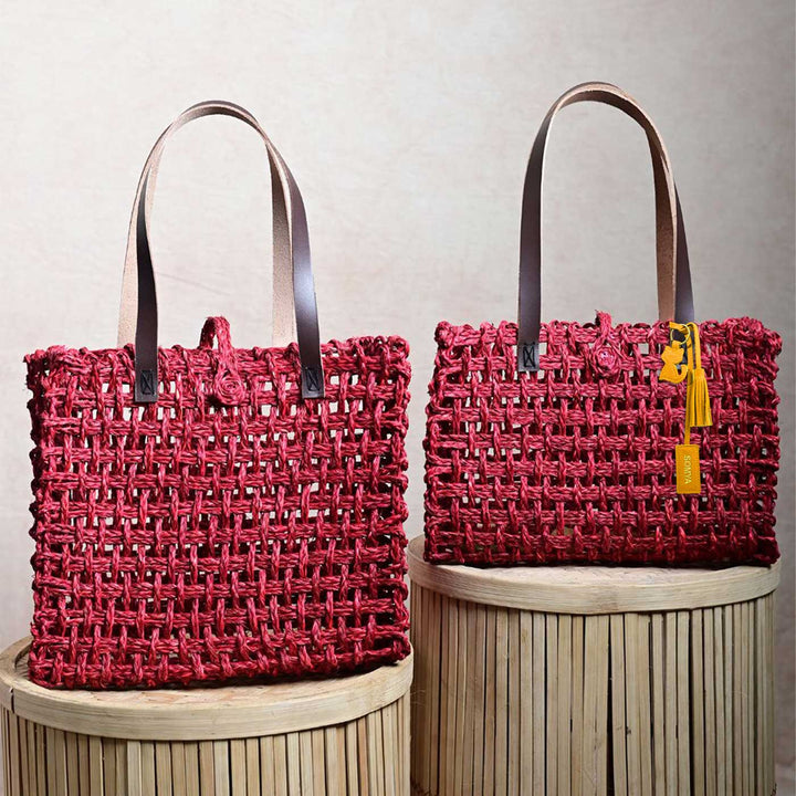 Handmade Grass Woven Leather Strap Box Shaped Red Sabai Mesh Tote Bag