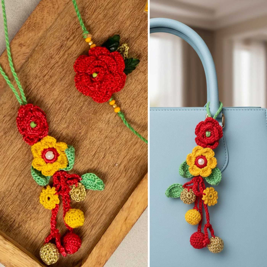 Handmade Crochet Surkh Gulab Bhaiya Bhabhi Rakhi With Roli Chawal | Set Of 2