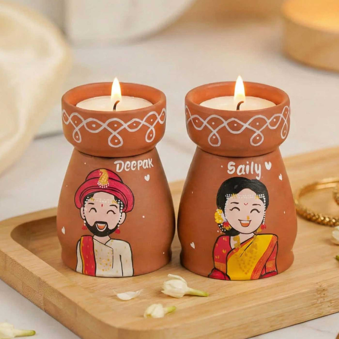 2 Pc | Gujarati Couple Handpainted Terracotta Tealight Holder