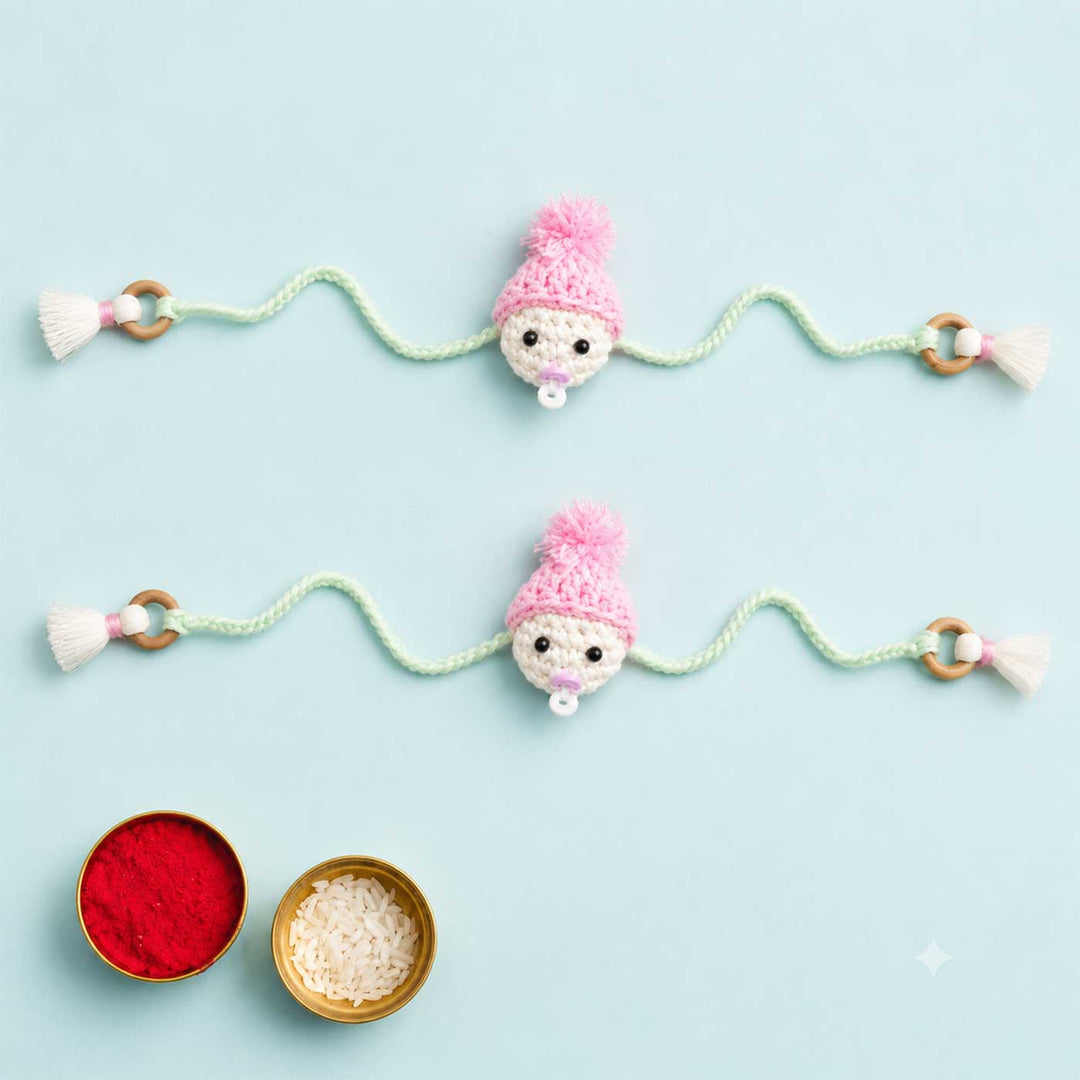 2 Pc | Handmade Crochet Rakhi Set With Roli Chawal For Newborn Twins