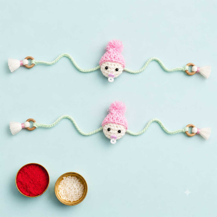 2 Pc | Handmade Crochet Rakhi Set With Roli Chawal For Newborn Twins