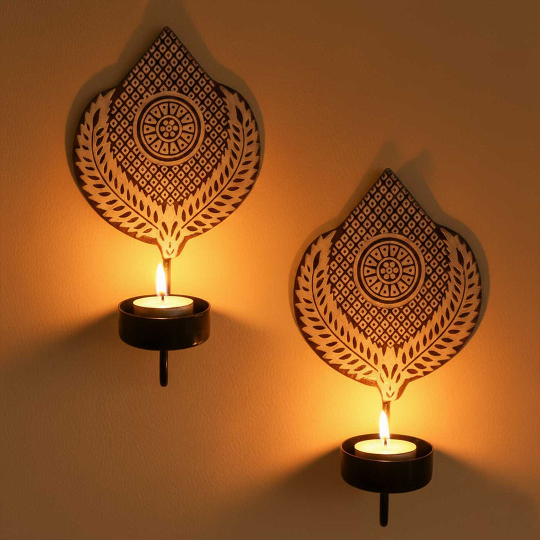 Set Of 2 | Handmade Block Printed Mughal Design Wooden Tealight Holder