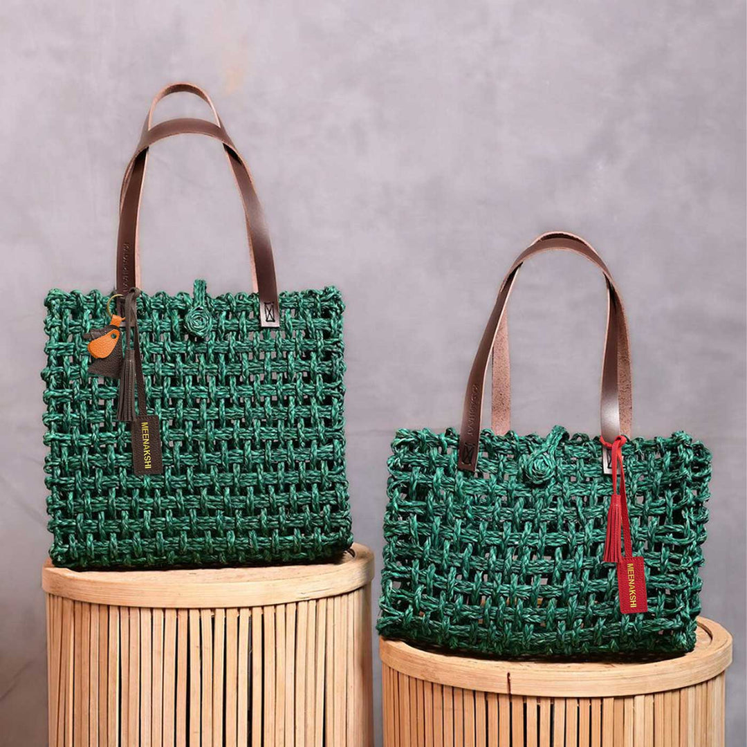Handmade Grass Woven Leather Strap Box Shaped Green Sabai Mesh Tote Bag