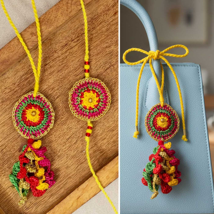 Handmade Crochet Rangeeli Bel Bhaiya Bhabhi Rakhi With Roli Chawal | Set Of 2
