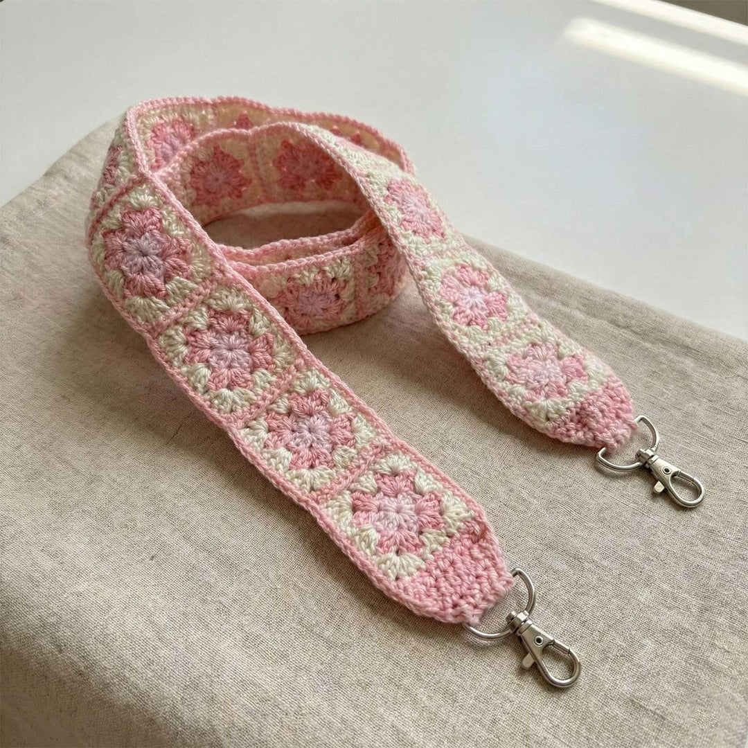Handmade Crochet Pink Flower Design Cotton Sling Bag Belt