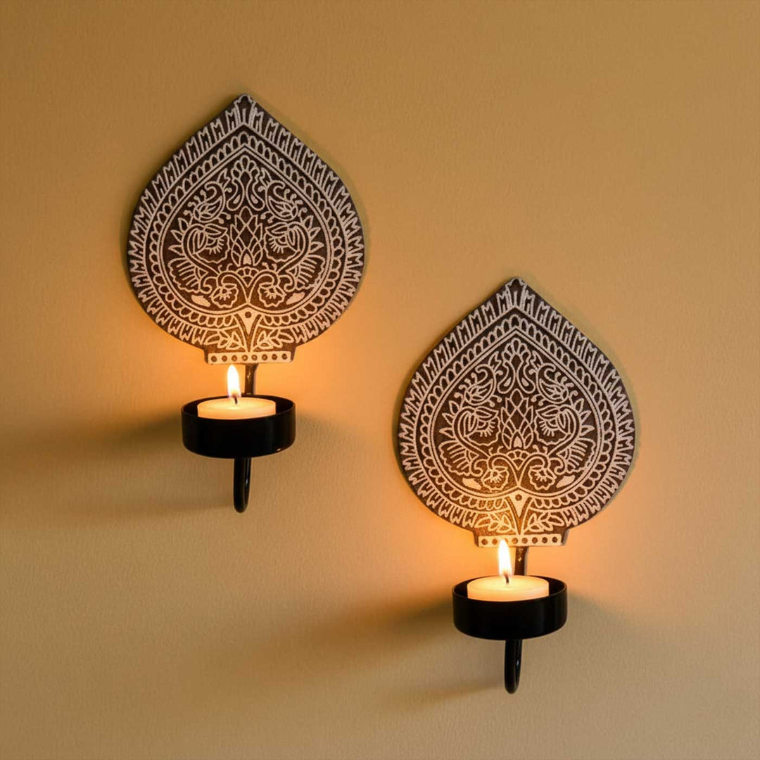 Set Of 2 | Handmade Block Printed Pan Leaf Design Wooden Tealight Holder