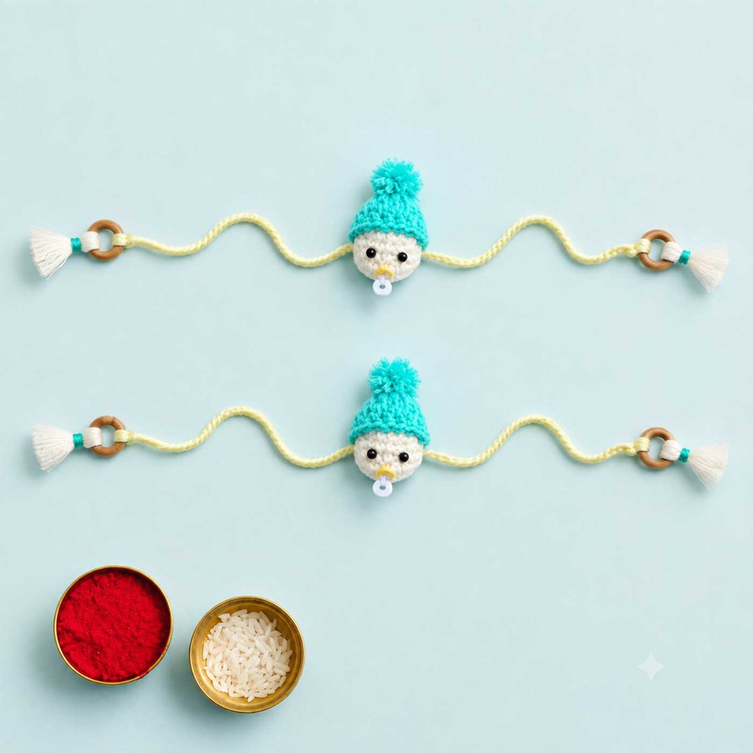2 Pc | Handmade Crochet Rakhi Set With Roli Chawal For Newborn Twins