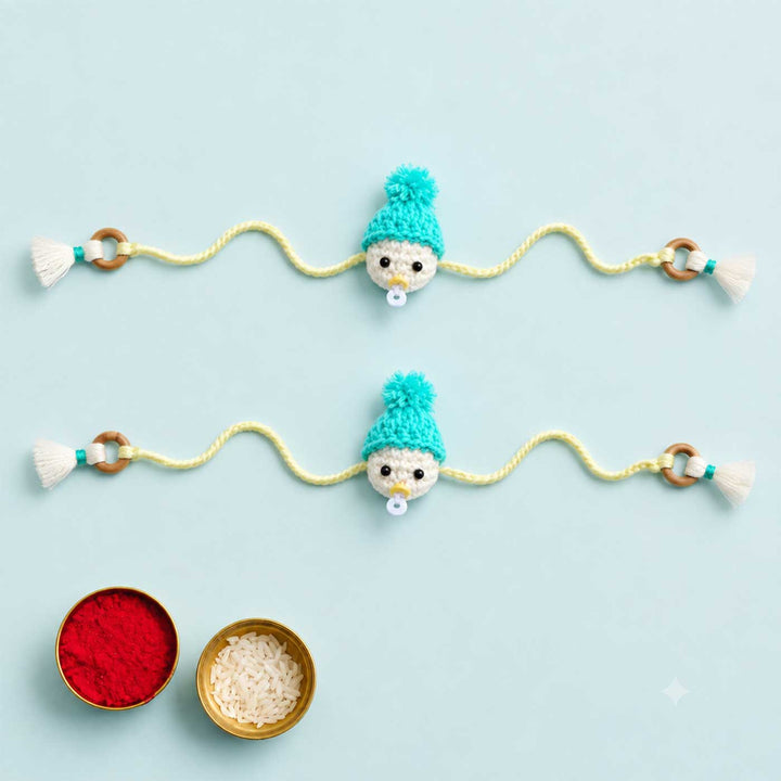 2 Pc | Handmade Crochet Rakhi Set With Roli Chawal For Newborn Twins