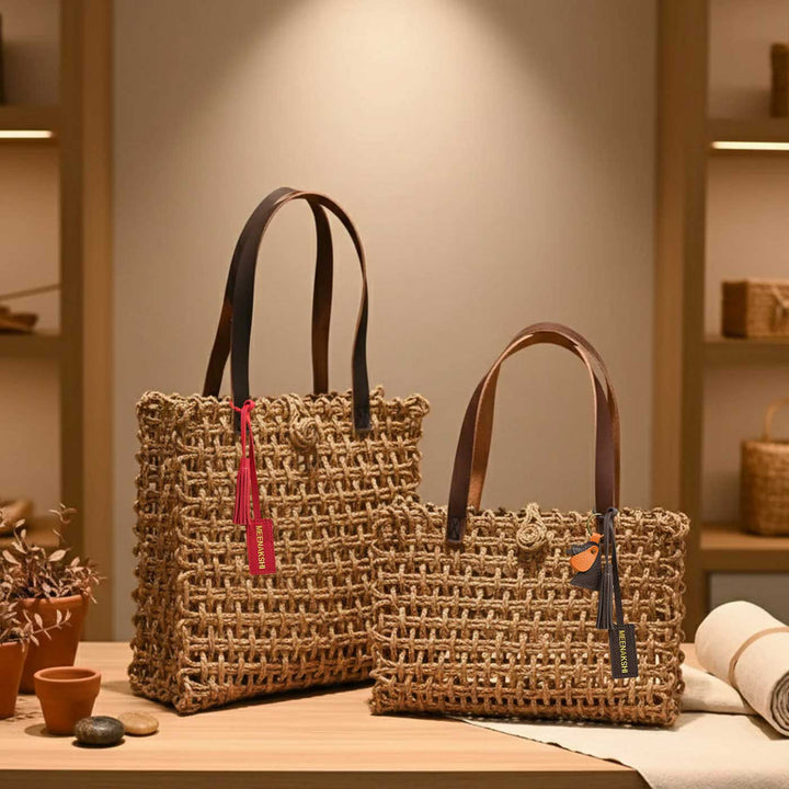 Handmade Grass Woven Leather Strap Box Shaped Golden Sabai Mesh Tote Bag