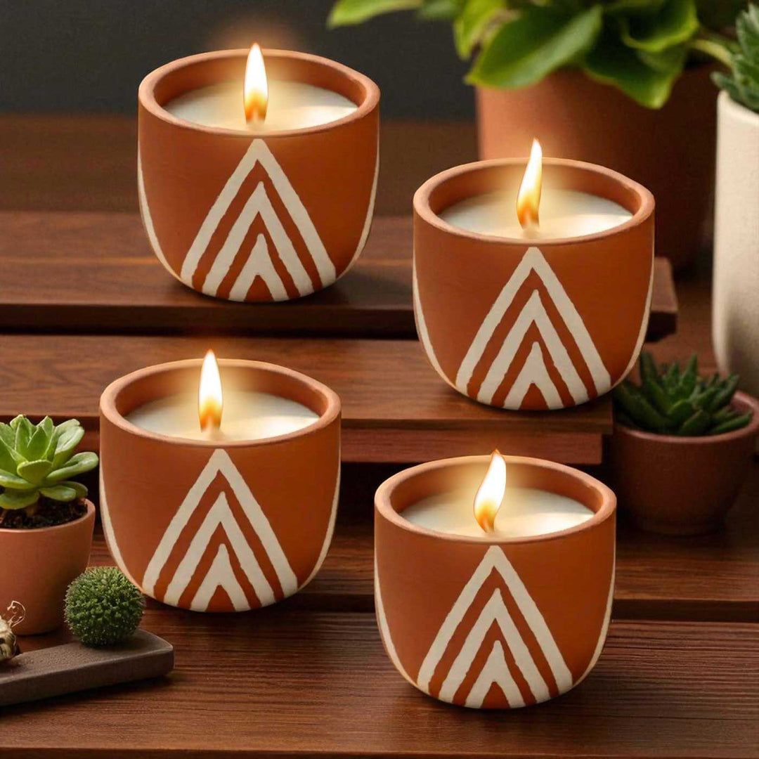 Set of 4 | Hand-Painted Waves Terracotta Soy Wax Candle