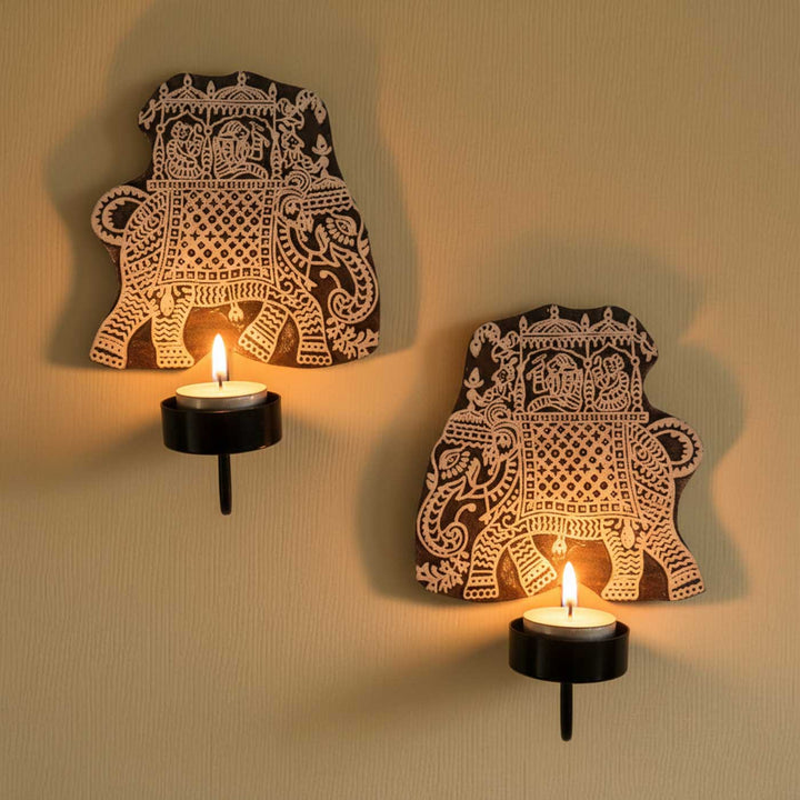 Set Of 2 | Handmade Block Printed Elephant Design Wooden Tealight Holder