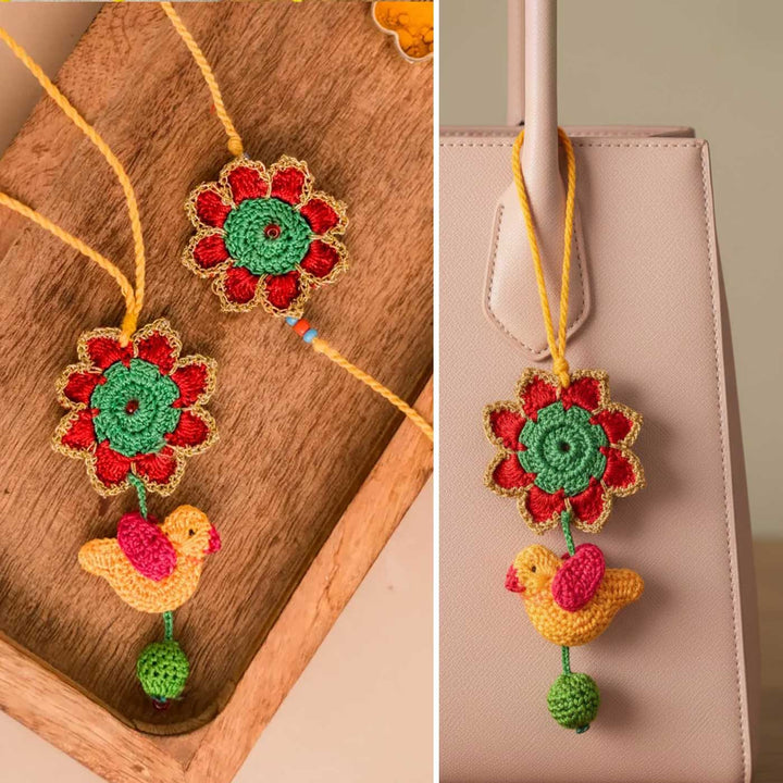 Handmade Crochet Phool & Chidiya Bhaiya Bhabhi Rakhi With Roli Chawal | Set Of 2