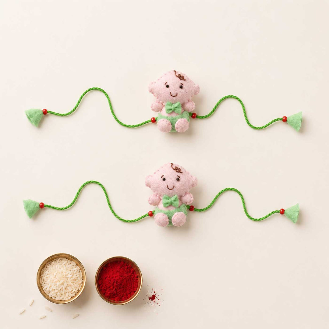 Hand Embroidered Adorable Baby Rakhi Set With Brooch Pin & Keychain For Twins