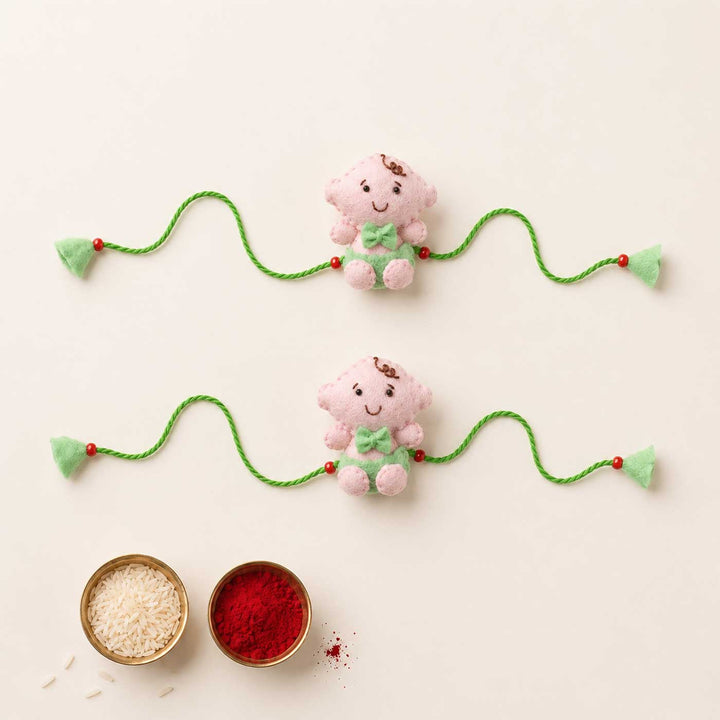 Hand Embroidered Adorable Baby Rakhi Set With Brooch Pin & Keychain For Twins