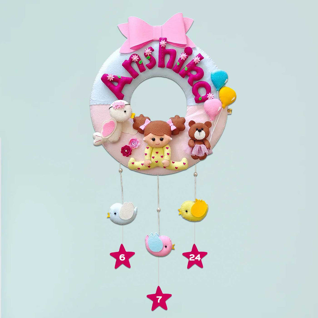 Hand Stitched Round Felt Kids Name Plate For Baby Girl - Front View Hanging Decorative Wreath