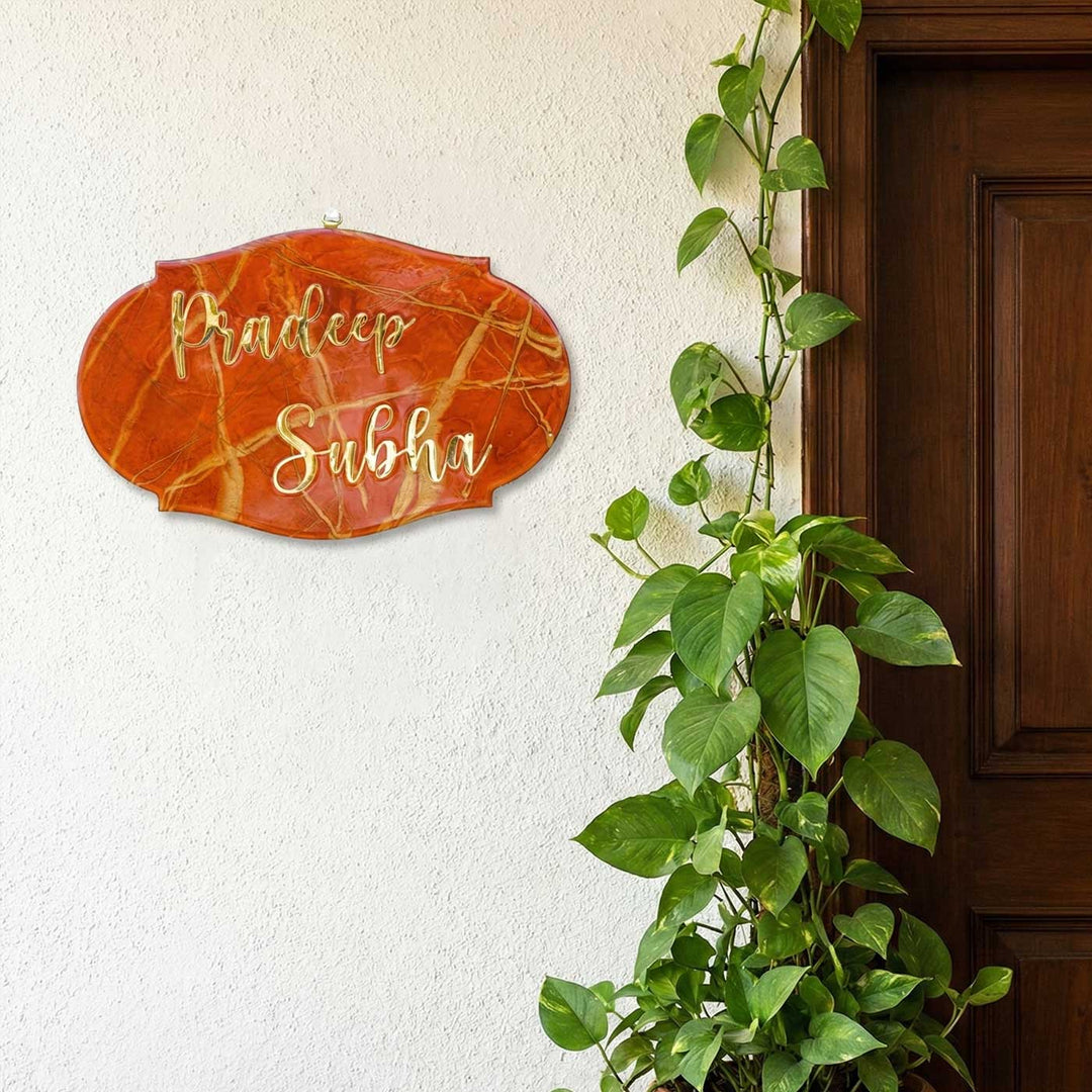 Handmade Resin Orange & Gold Victorian Marbled Name Plate