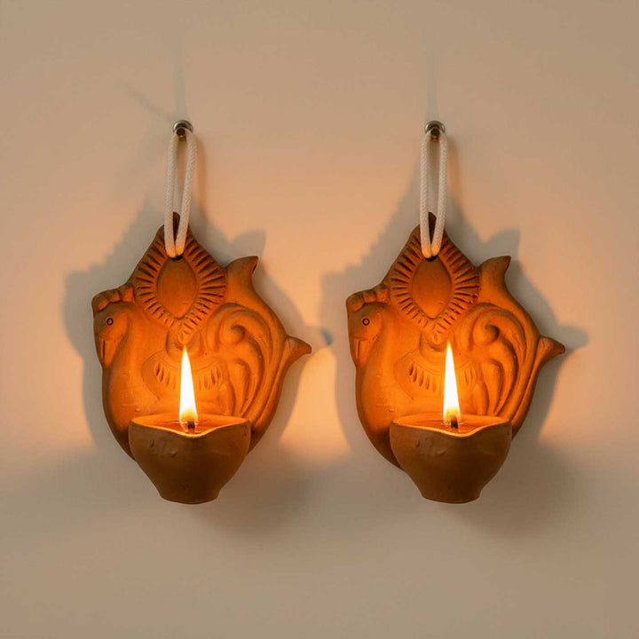 Set Of 2 | Handmade Peacock Design Terracotta Oil Lamp / Diya