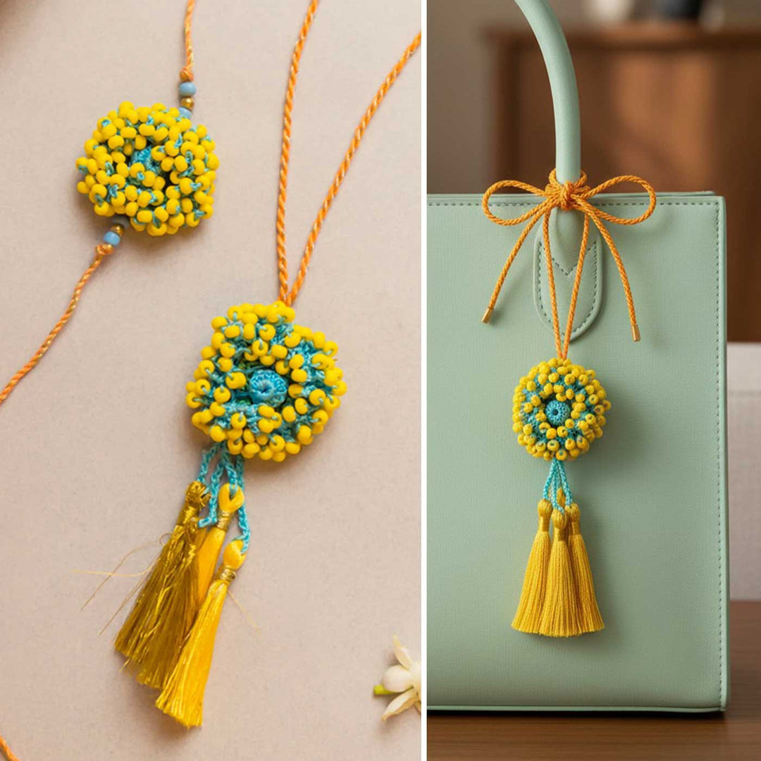 Intricate Crochet Yellow Coral Bhaiya Bhabhi Rakhi-Lumba Set With Roli Chawal | Set of 2