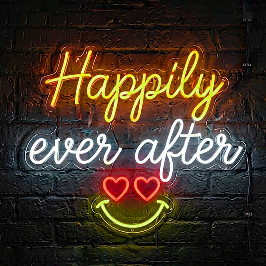 Personalized Handmade "Happily Ever After" Neon Light Sign Board With Smiley For Wedding/Home Decor