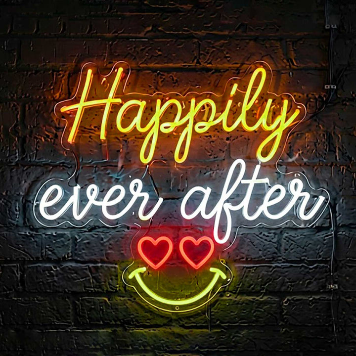 Personalized Handmade "Happily Ever After" Neon Light Sign Board With Smiley For Wedding/Home Decor