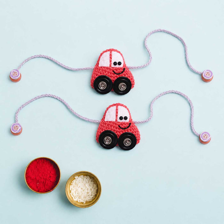 2 Pc | Handmade Crochet Crazy Cars Kids Rakhi With Roli Chawal For Twins