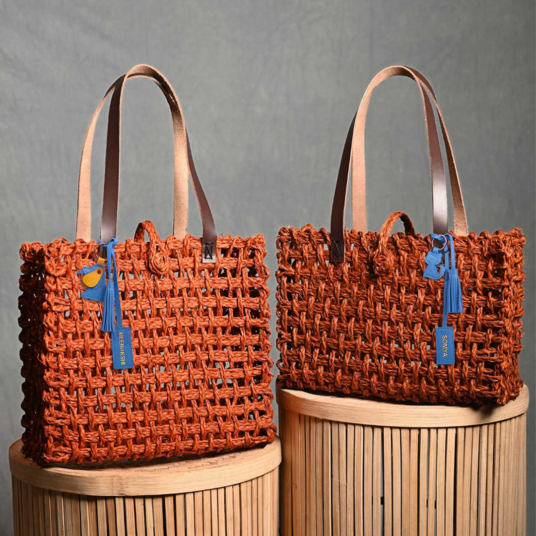 Handmade Grass Woven Leather Strap Box Shaped Orange Sabai Mesh Tote Bag