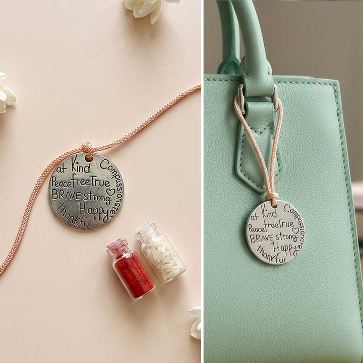 Engraved "Kind Brave Strong Happy" Quote Metal Charm Rakhi With Roli Chawal for Brother