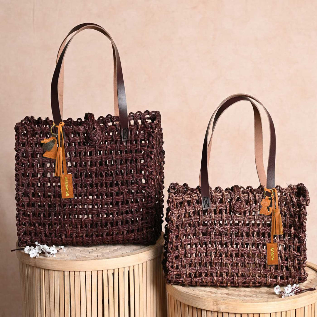 Handmade Grass Woven Leather Strap Box Shaped Brown Sabai Mesh Tote Bag