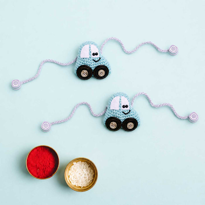 2 Pc | Handmade Crochet Crazy Cars Kids Rakhi With Roli Chawal For Twins