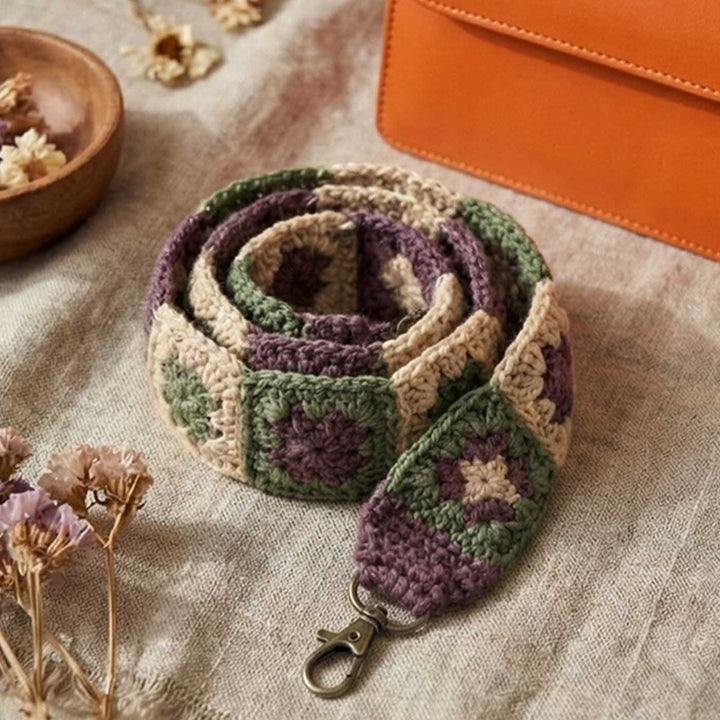 Handmade Crochet Brown And Green Star Design Cotton Sling Bag Belt