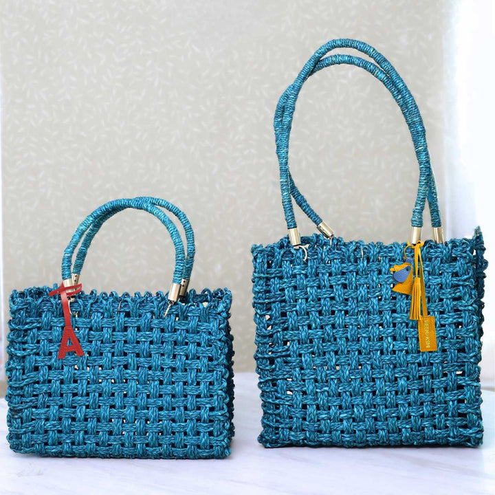 Handmade Grass Woven Vegan Wrapped Rope Handles With Metal Accents Indigo Sabai Mesh Handbag
