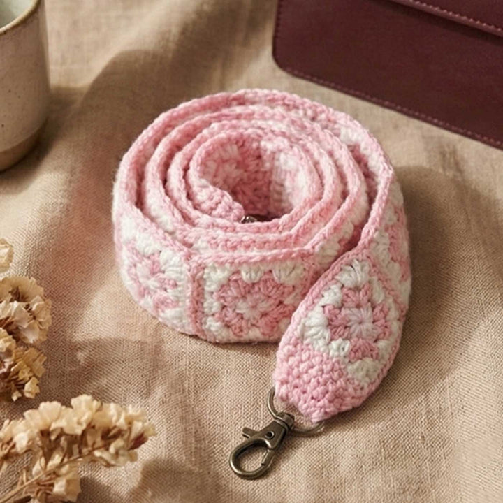 Handmade Crochet Pink Flower Design Cotton Sling Bag Belt