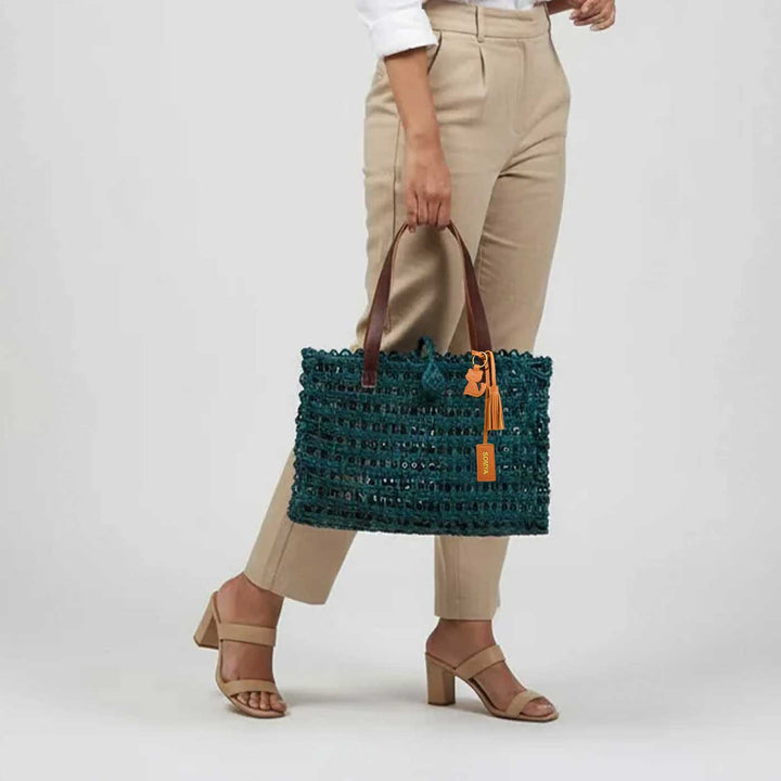 Handmade Grass Woven Leather Strap Box Shaped Indigo Sabai Mesh Tote Bag