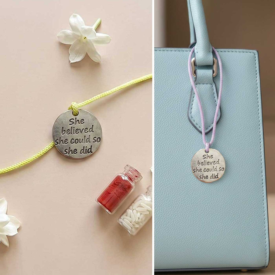 Engraved "She Believed She Could So She Did" Quote Metal Charm Rakhi With Roli Chawal for Brother