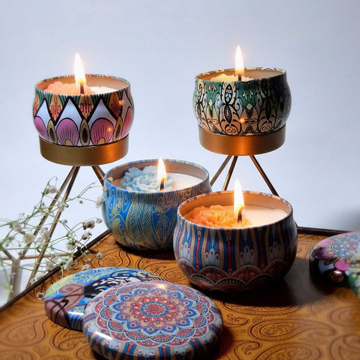 Set Of 4 | Handmade Mandala Design Tin Soy Wax Scented Candle
