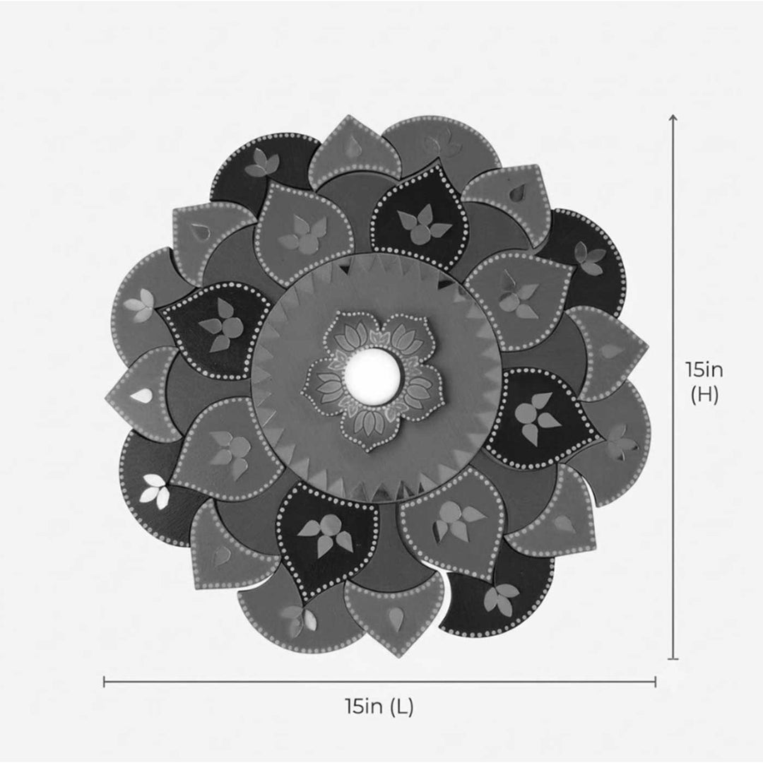 33 pc | 15 Inch Reusable Gulabi Pushpa Mirror Work Floral Mandala MDF Rangoli for Festive Decor