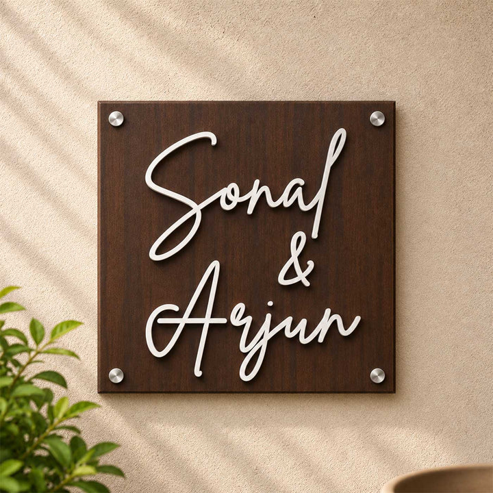 Personalized Square Rubber Wood Name Plate With 3D Metal Letters For Home