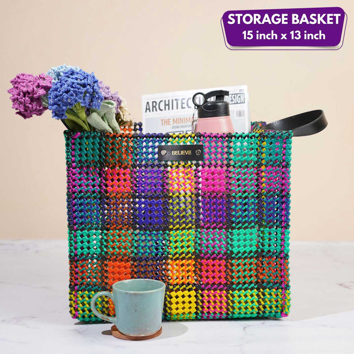 Multicolour Checked Mukhya Knot Handmade Koodai Storage Basket